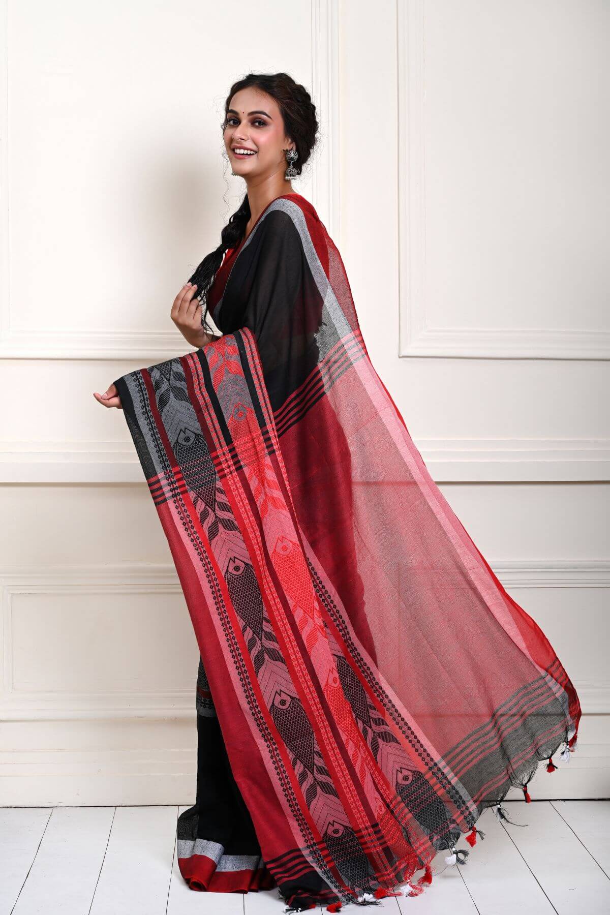 Black Handloom Saree with Red Border and Fish Motifs  