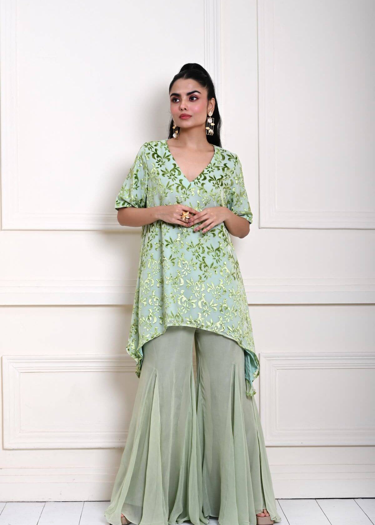 Sage Green Cape Top with Sharara Pant