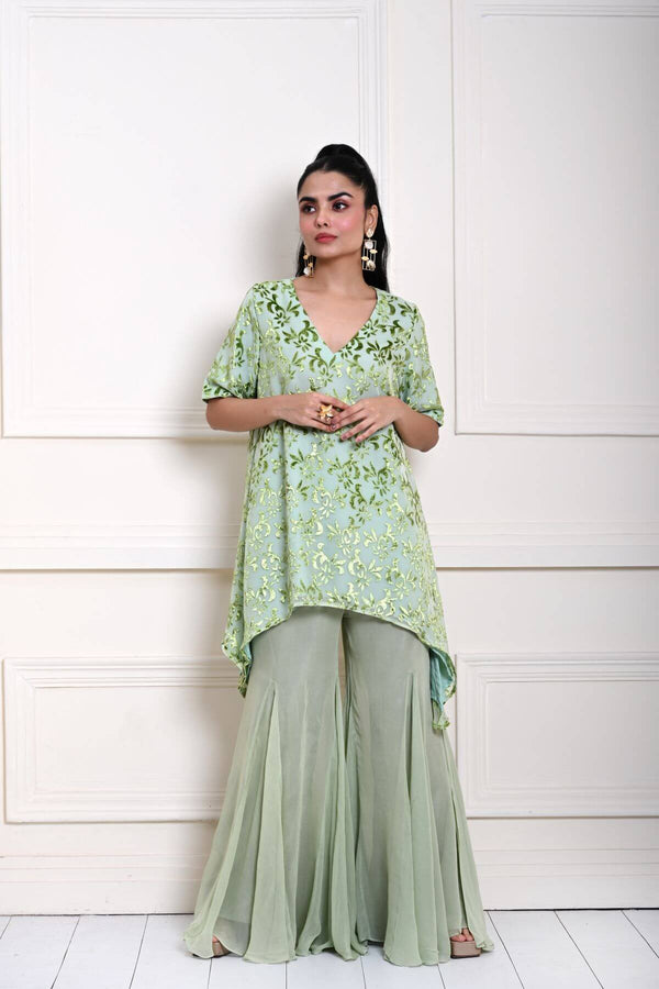 Sage Green Cape Top with Sharara Pant - Front 1