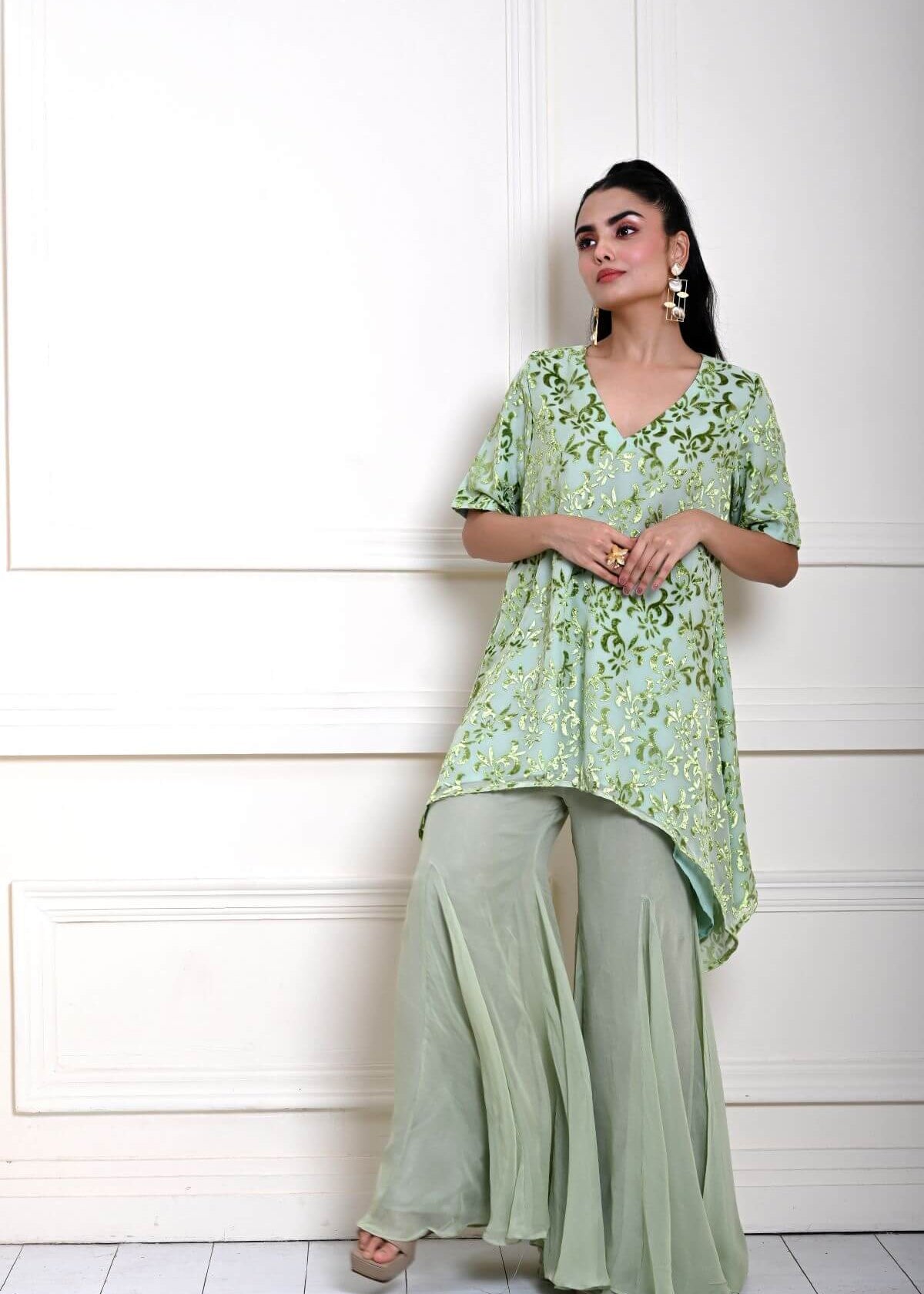 Sage Green Cape Top with Sharara Pant