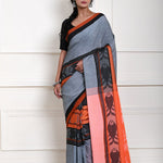 Grey Cotton Saree with Orange and Black Border and Fish Motifs 