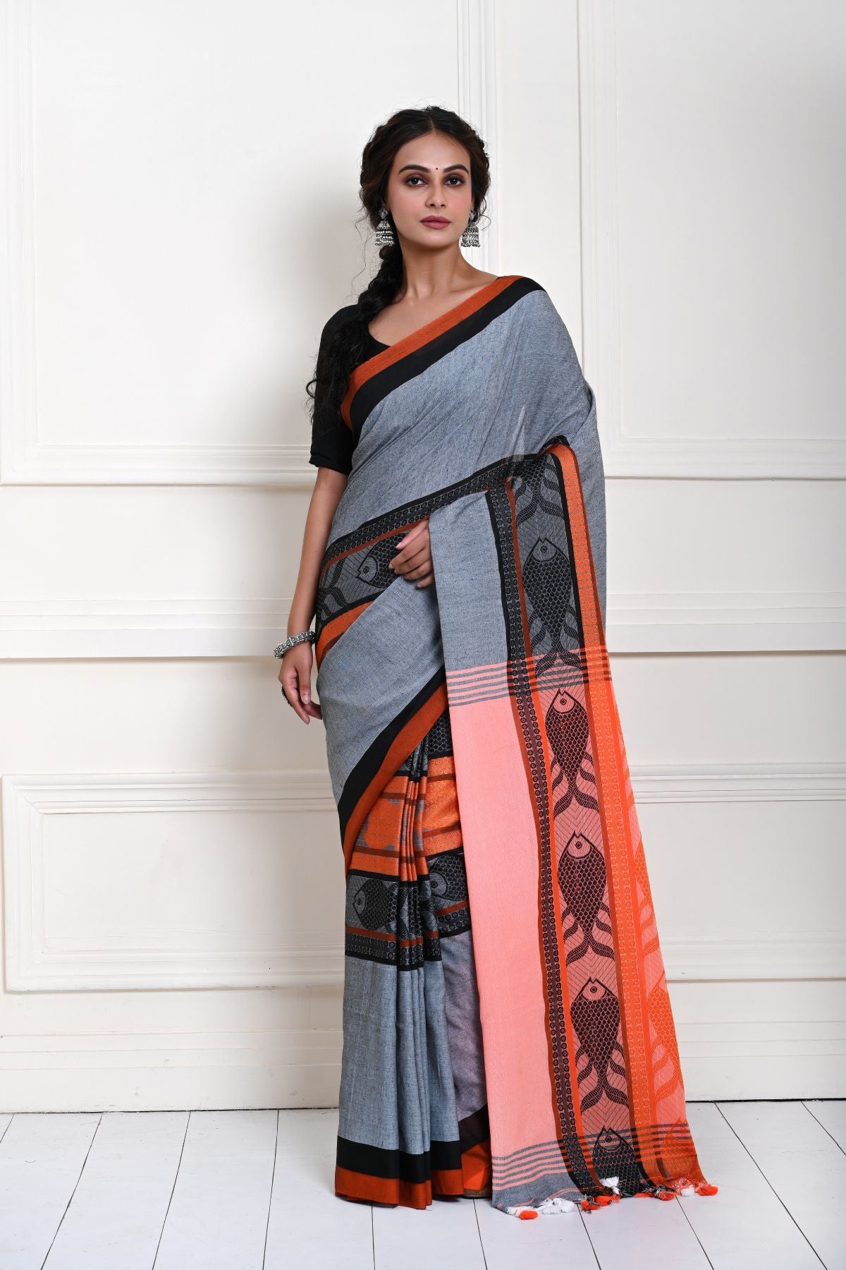 Grey Cotton Saree with Orange and Black Border and Fish Motifs 