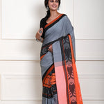 Grey Cotton Saree with Orange and Black Border and Fish Motifs 