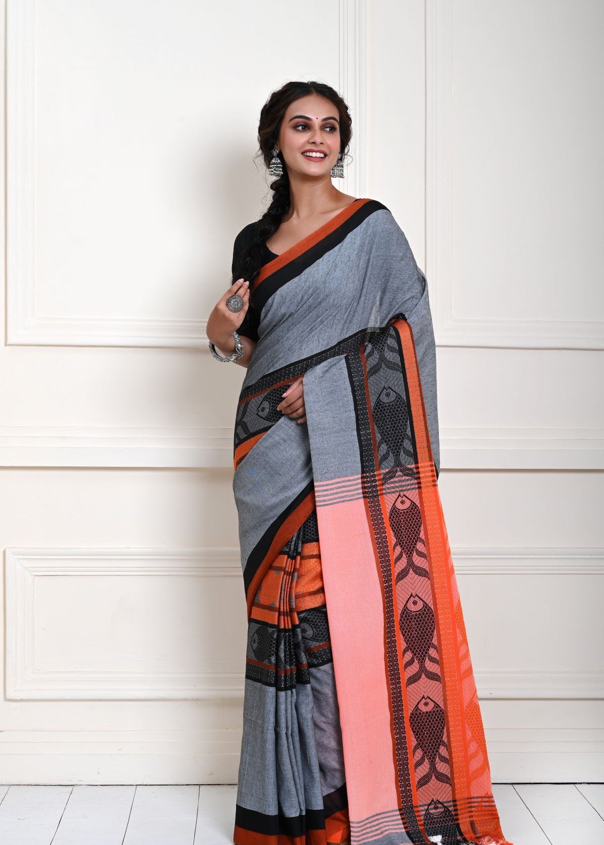 Grey Cotton Saree with Orange and Black Border and Fish Motifs 