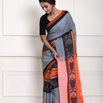 Grey Cotton Saree with Orange and Black Border and Fish Motifs 