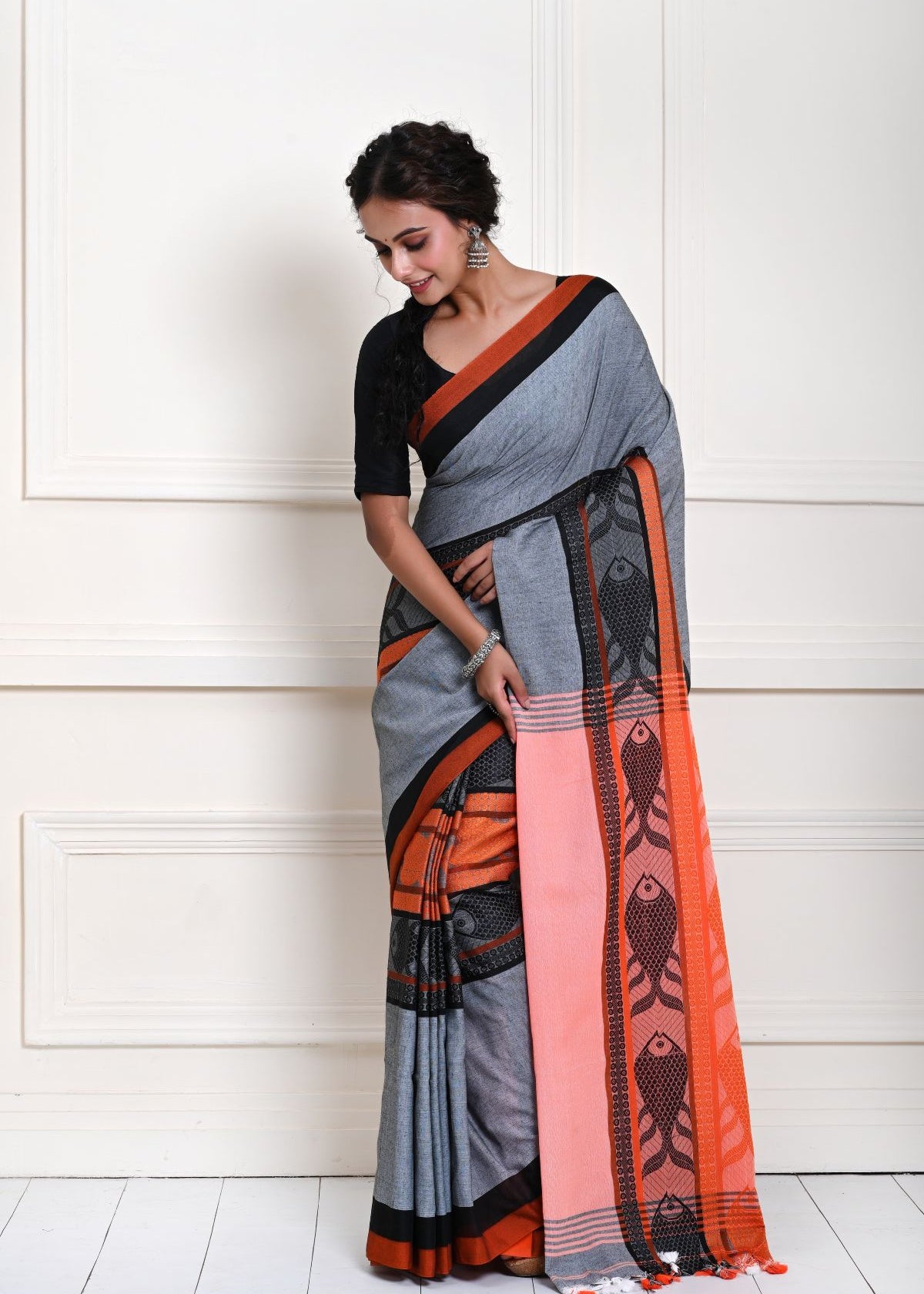 Grey Cotton Saree with Orange and Black Border and Fish Motifs 