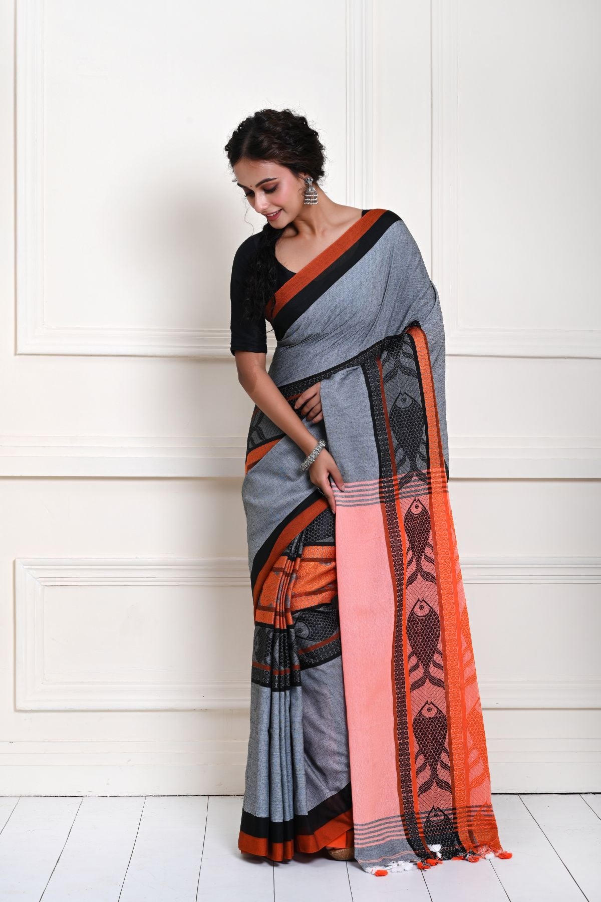 Grey Cotton Saree with Orange and Black Border and Fish Motifs 