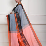 Grey Cotton Saree with Orange and Black Border and Fish Motifs 