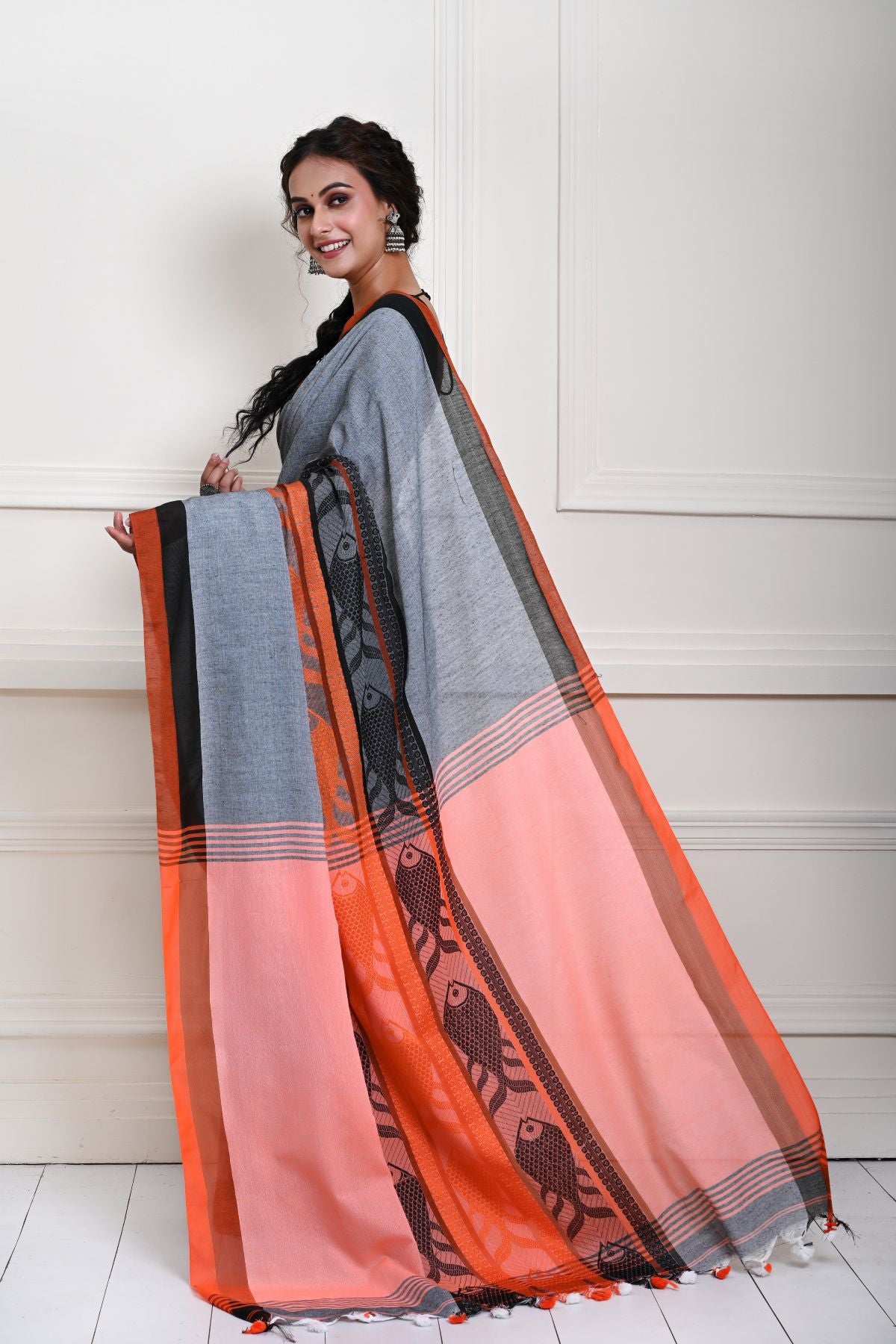 Grey Cotton Saree with Orange and Black Border and Fish Motifs 