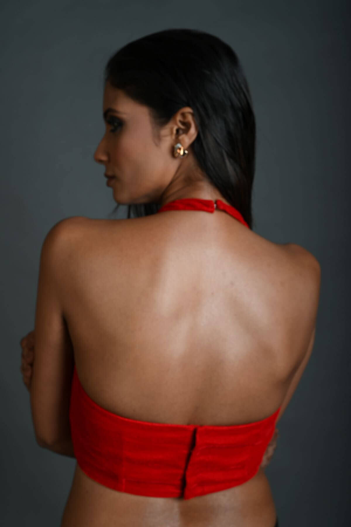 Red Velvet Halter Neck Blouse with Back Closure