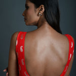 Red Brocade Sleeveless Blouse with Sweetheart Neckline