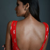 Red Brocade Sleeveless Blouse with Sweetheart Neckline