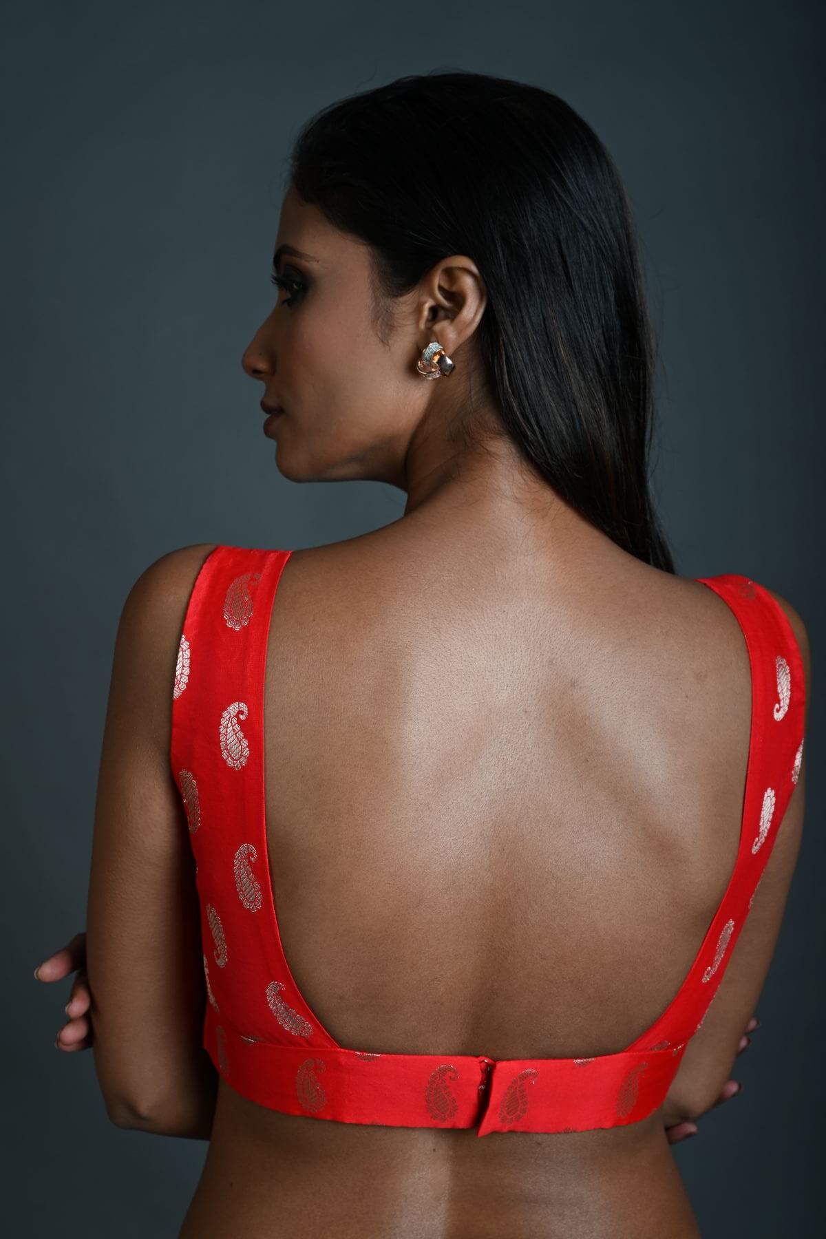 Red Brocade Sleeveless Blouse with Sweetheart Neckline