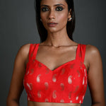 Red Brocade Sleeveless Blouse with Sweetheart Neckline