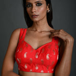 Red Brocade Sleeveless Blouse with Sweetheart Neckline