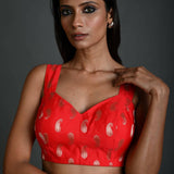 Red Brocade Sleeveless Blouse with Sweetheart Neckline