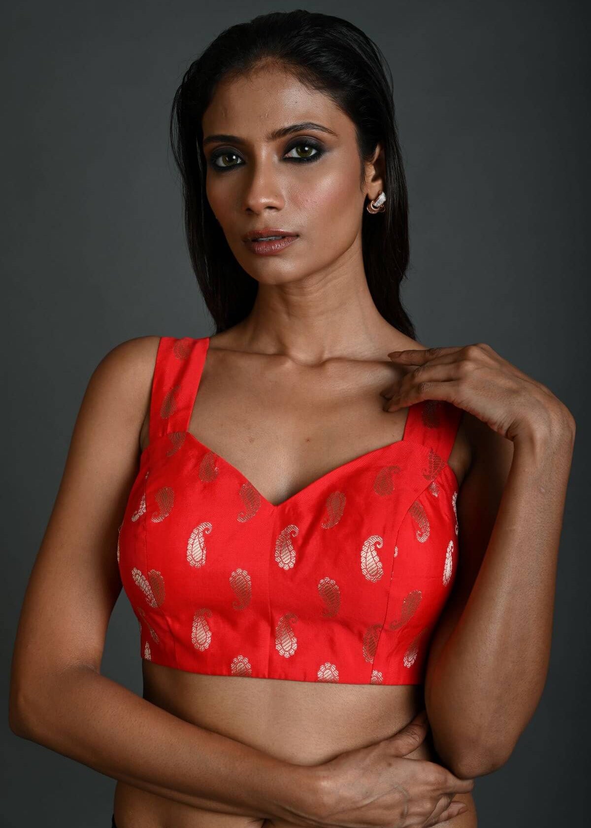 Red Brocade Sleeveless Blouse with Sweetheart Neckline