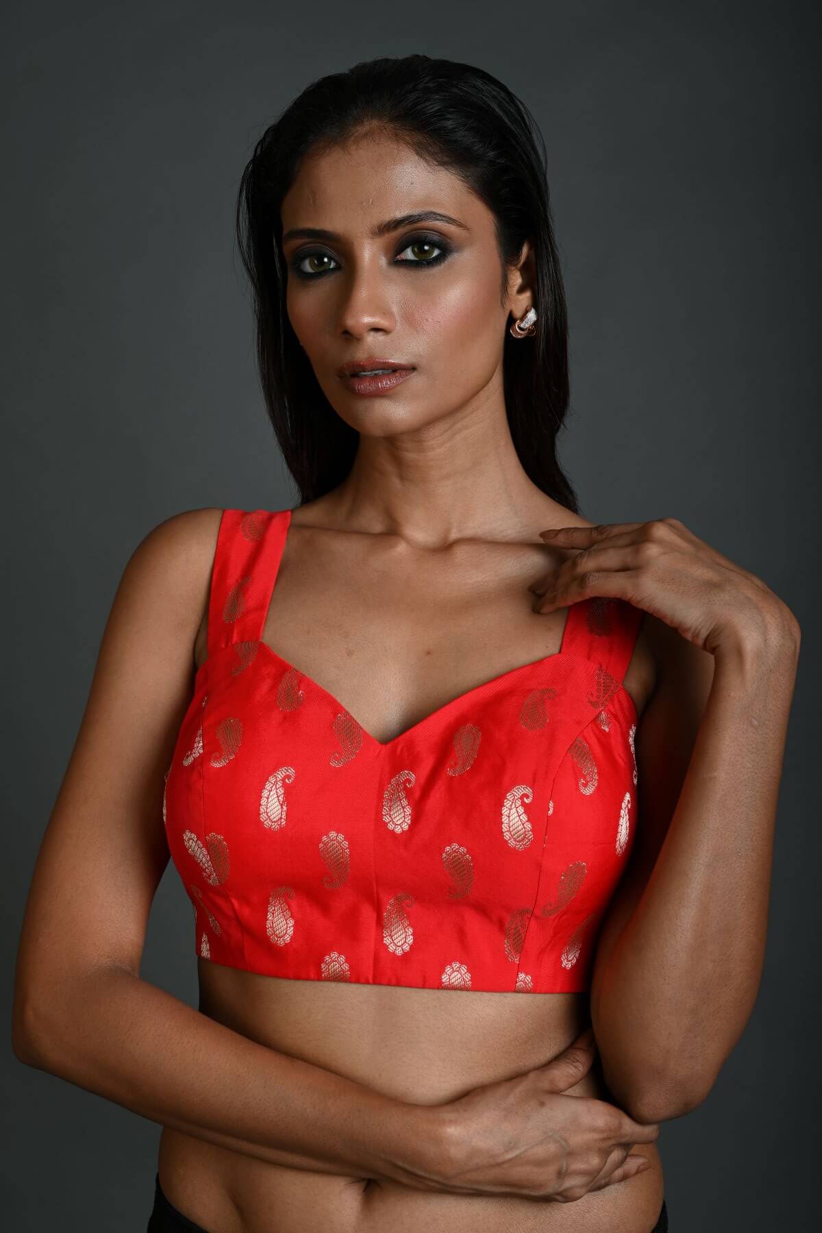 Red Brocade Sleeveless Blouse with Sweetheart Neckline