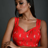 Red Brocade Sleeveless Blouse with Sweetheart Neckline