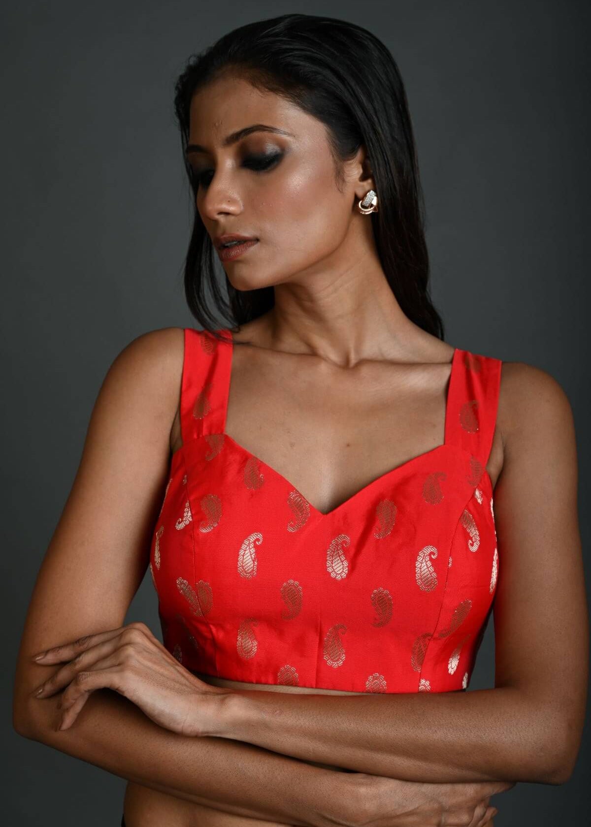 Red Brocade Sleeveless Blouse with Sweetheart Neckline