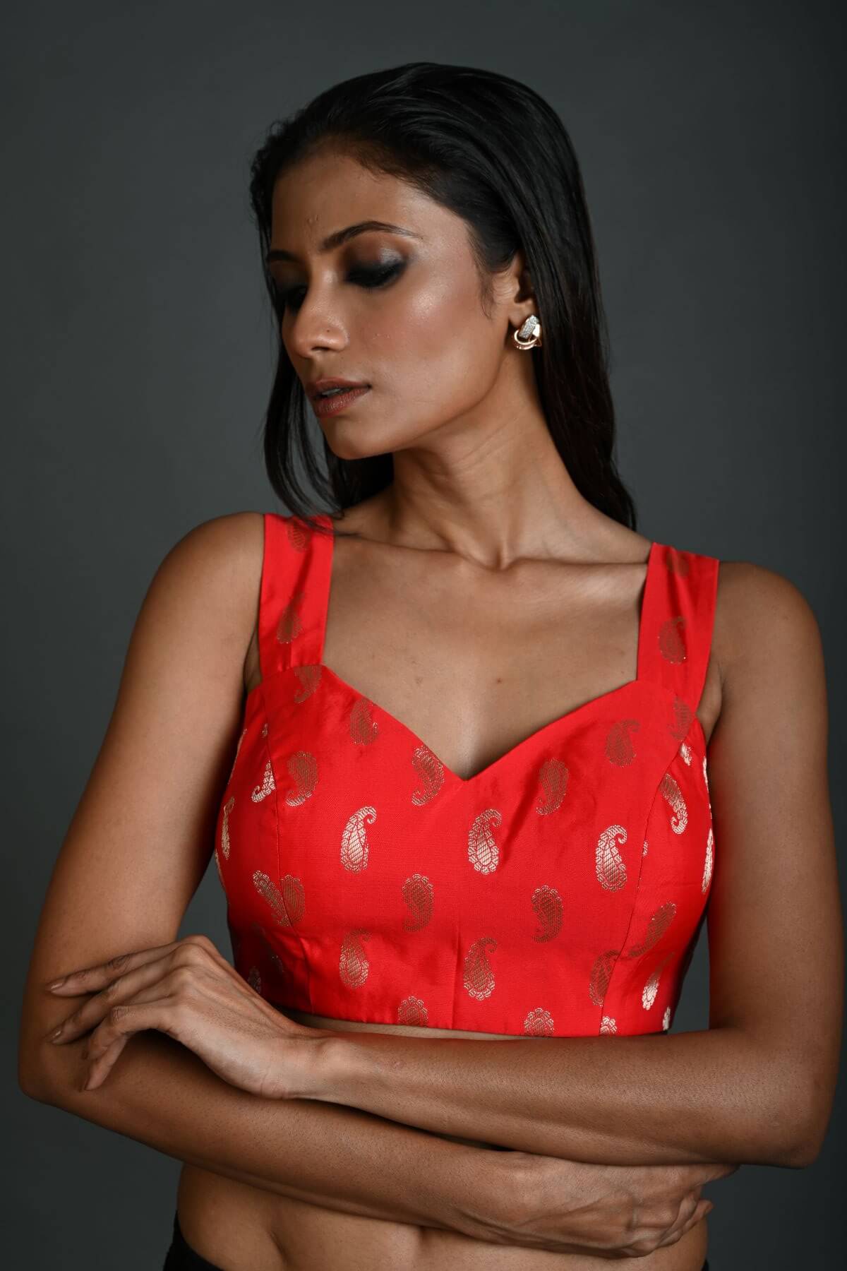 Red Brocade Sleeveless Blouse with Sweetheart Neckline