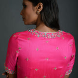 Pink Hand Embroidered Bridal Blouse in Raw Silk with Queen Anne Neckline