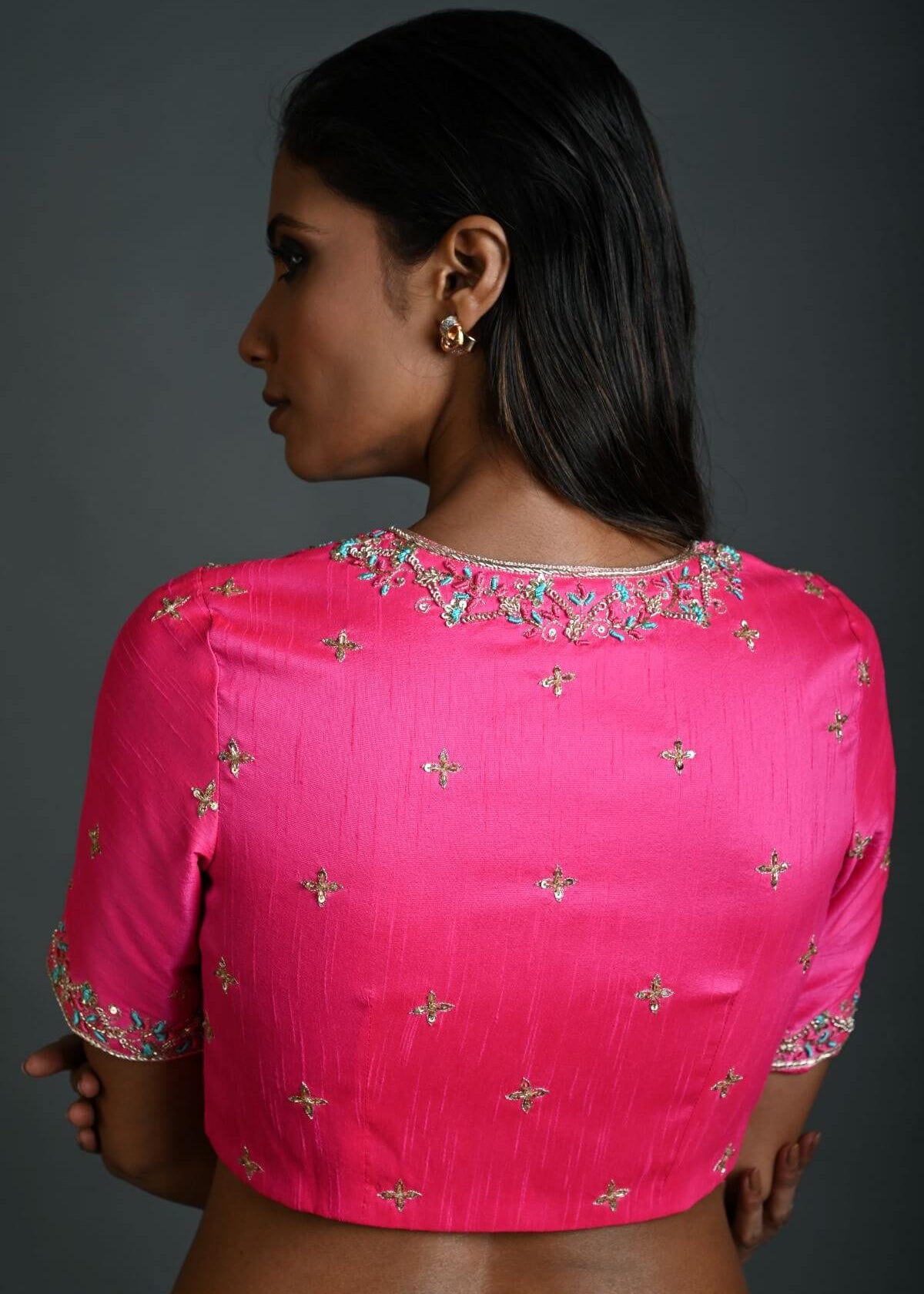 Place Custom Order of this Vibrant Pink Hand Embroidered Bridal Blouse in Raw Silk with Queen Anne Neckline: Anvi Couture Bridal Blouses - Image 4