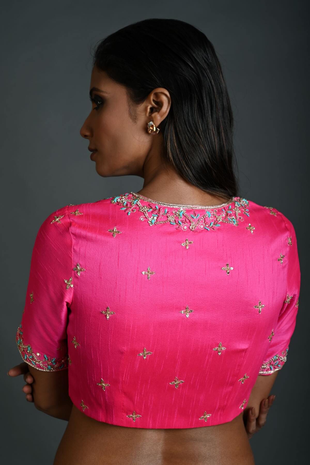 Pink Hand Embroidered Bridal Blouse in Raw Silk with Queen Anne Neckline