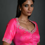 Pink Hand Embroidered Bridal Blouse in Raw Silk with Queen Anne Neckline