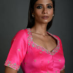 Pink Hand Embroidered Bridal Blouse in Raw Silk with Queen Anne Neckline