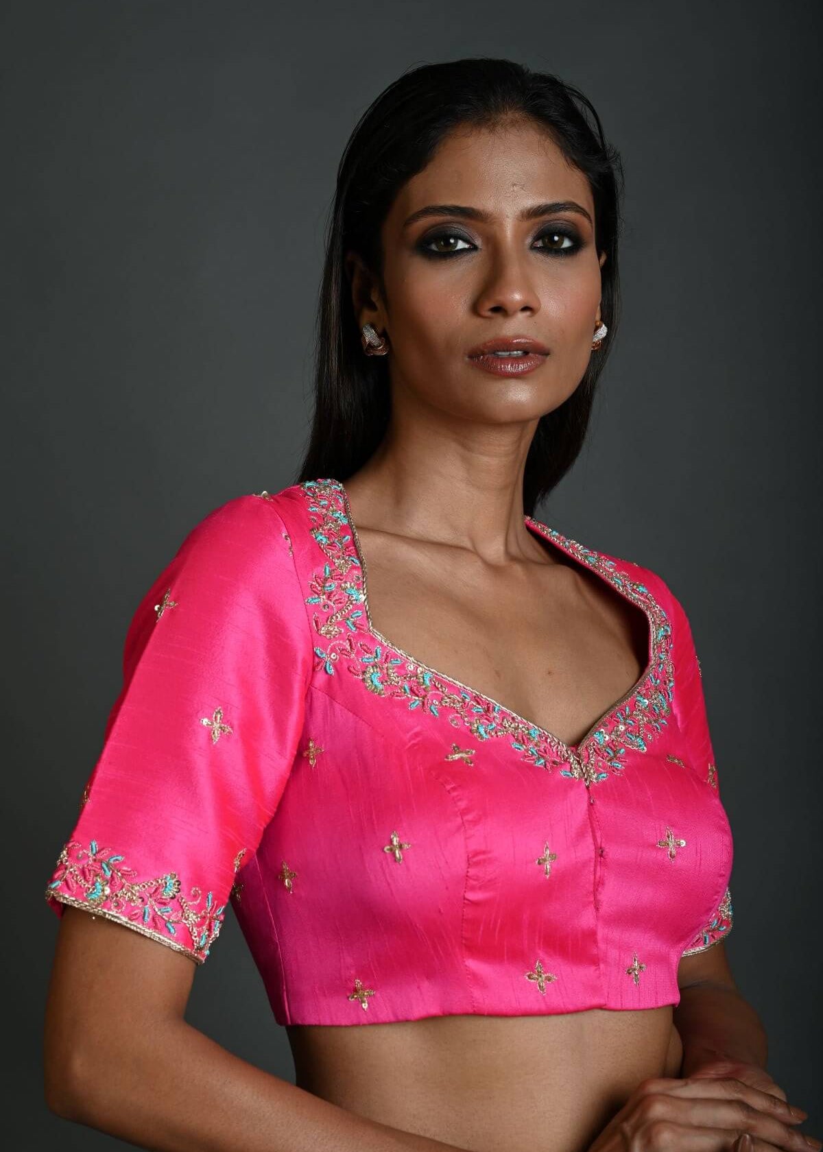 Pink Hand Embroidered Bridal Blouse in Raw Silk with Queen Anne Neckline