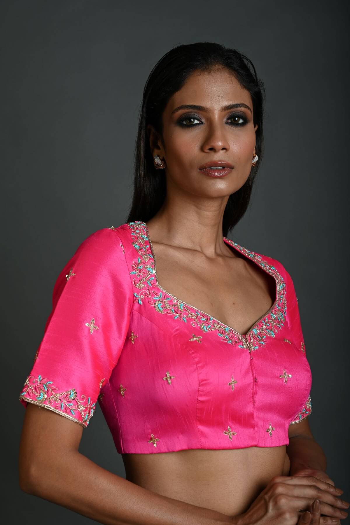 Pink Hand Embroidered Bridal Blouse in Raw Silk with Queen Anne Neckline