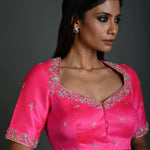 Pink Hand Embroidered Bridal Blouse in Raw Silk with Queen Anne Neckline