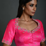 Pink Hand Embroidered Bridal Blouse in Raw Silk with Queen Anne Neckline