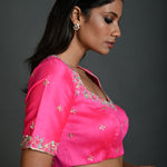 Pink Hand Embroidered Bridal Blouse in Raw Silk with Queen Anne Neckline