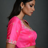 Pink Hand Embroidered Bridal Blouse in Raw Silk with Queen Anne Neckline