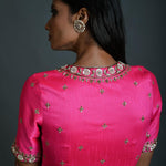 Pink Bridal Hand Embroidered Blouse in Raw Silk with Scoop Neckline