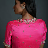 Pink Bridal Hand Embroidered Blouse in Raw Silk with Scoop Neckline