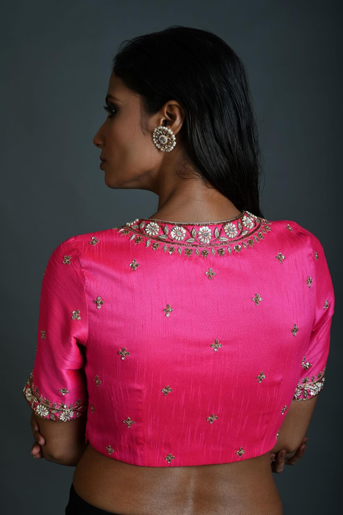 Pink Bridal Hand Embroidered Blouse in Raw Silk with Scoop Neckline