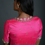 Pink Bridal Hand Embroidered Blouse in Raw Silk with Scoop Neckline