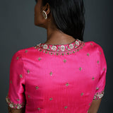 Pink Bridal Hand Embroidered Blouse in Raw Silk with Scoop Neckline