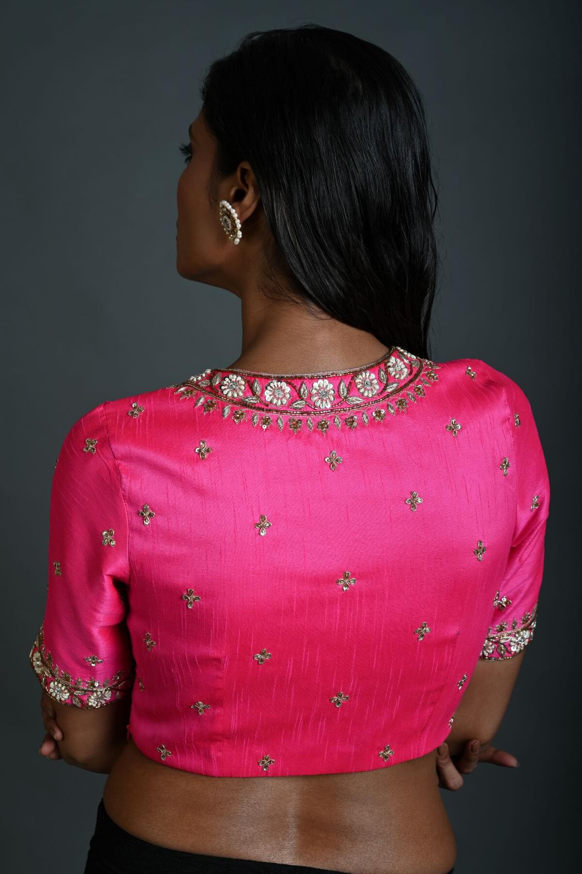 Pink Bridal Hand Embroidered Blouse in Raw Silk with Scoop Neckline