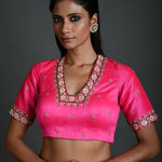 Pink Bridal Hand Embroidered Blouse in Raw Silk with Scoop Neckline