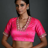 Pink Bridal Hand Embroidered Blouse in Raw Silk with Scoop Neckline