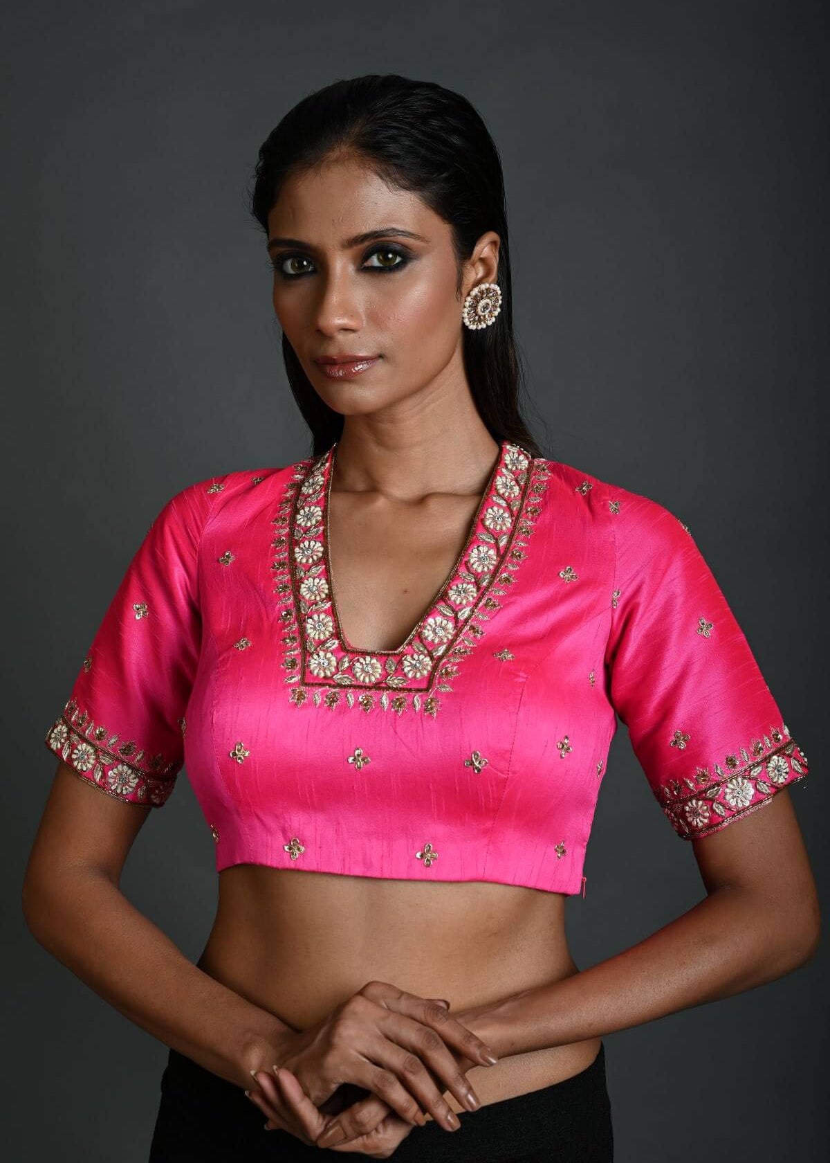 Pink Bridal Hand Embroidered Blouse in Raw Silk with Scoop Neckline