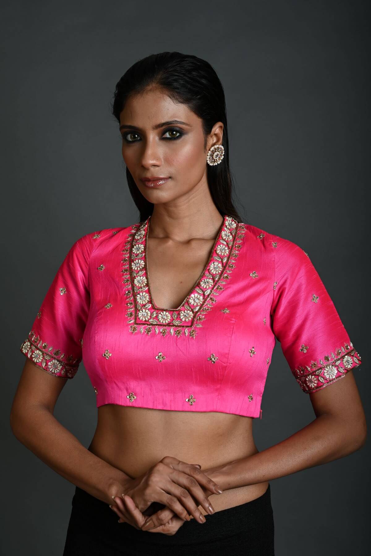 Pink Bridal Hand Embroidered Blouse in Raw Silk with Scoop Neckline