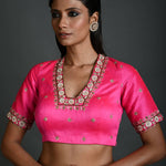 Pink Bridal Hand Embroidered Blouse in Raw Silk with Scoop Neckline