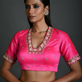 Pink Bridal Hand Embroidered Blouse in Raw Silk with Scoop Neckline