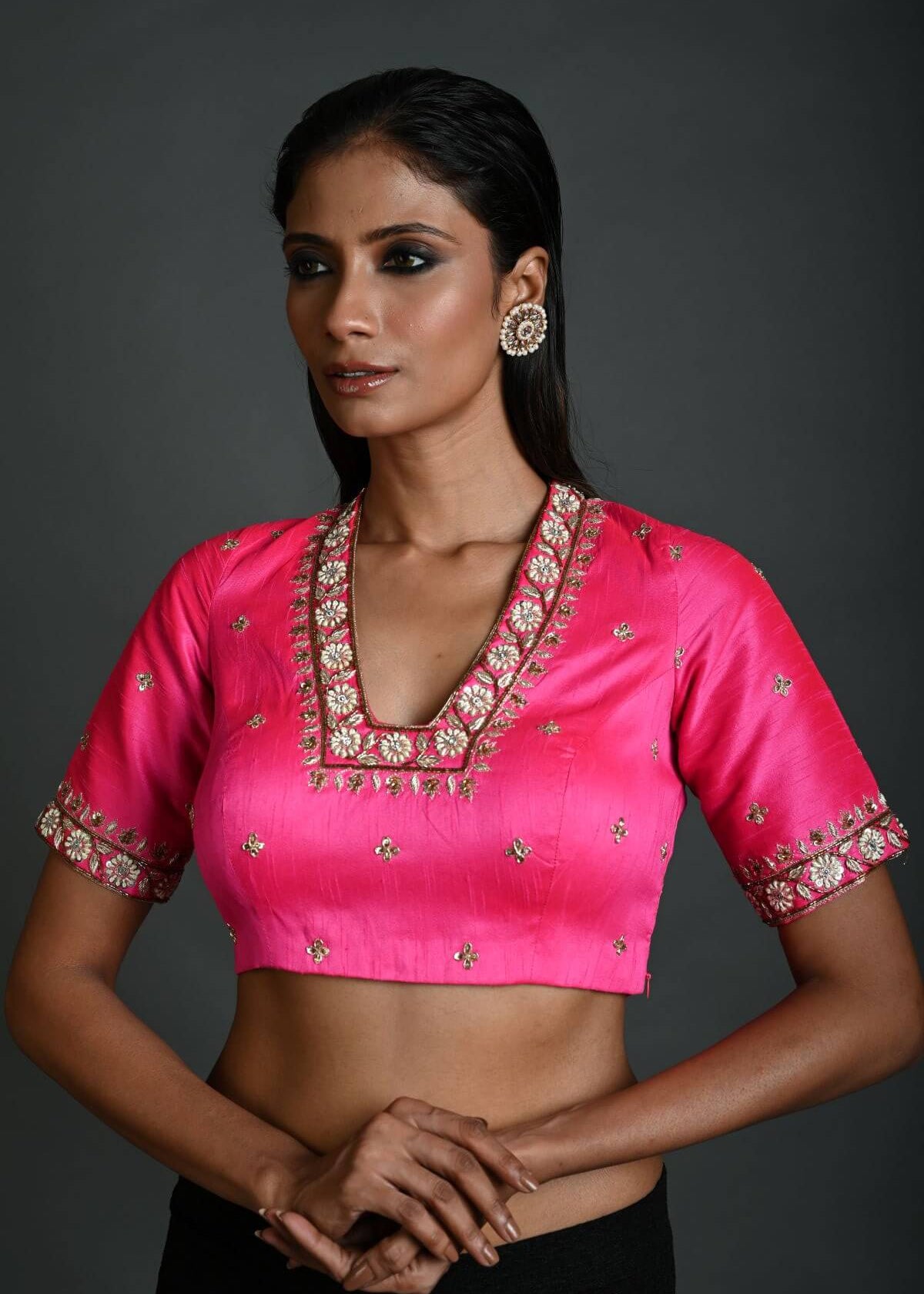 Pink Bridal Hand Embroidered Blouse in Raw Silk with Scoop Neckline