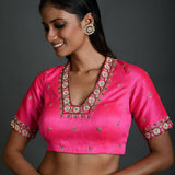 Pink Bridal Hand Embroidered Blouse in Raw Silk with Scoop Neckline